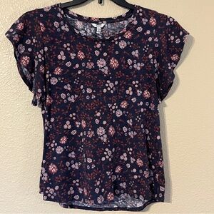 Sonoma Women’s Petite M Navy w/Burgundy and Pink Floral Print Short Sleeve Top